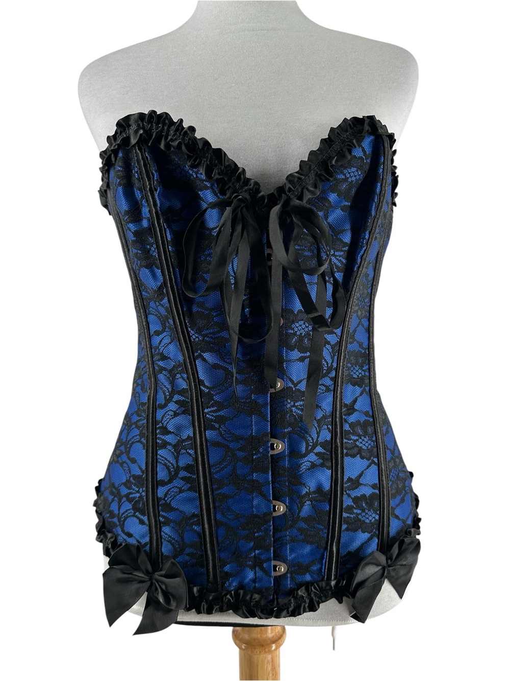Corset top blue black lace overlay cinched waist trainer boning witchy goth M - Picture 2 of 9